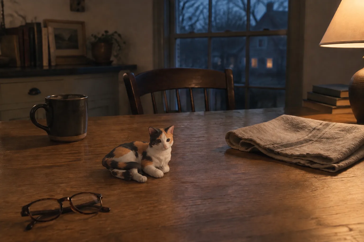 A four-inch calico cat figurine on an oak table at dusk beside a mug and a folded linen cloth, lamp lit.