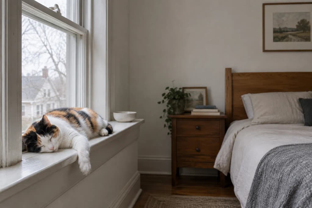 A calico domestic shorthair asleep on a bedroom windowsill, one white paw hanging over the edge in grey morning light.