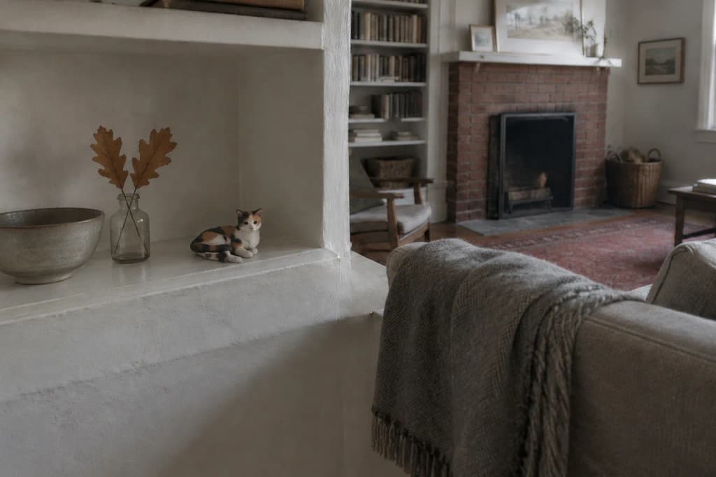 Wide view of a living room with a four-inch calico cat figurine small on a shelf above a grey wool blanket.