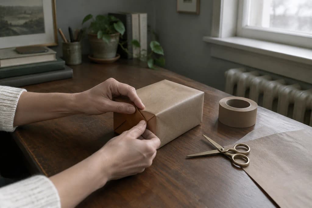 Two hands folding brown paper over a small box on a walnut desk, grey October daylight from a window.