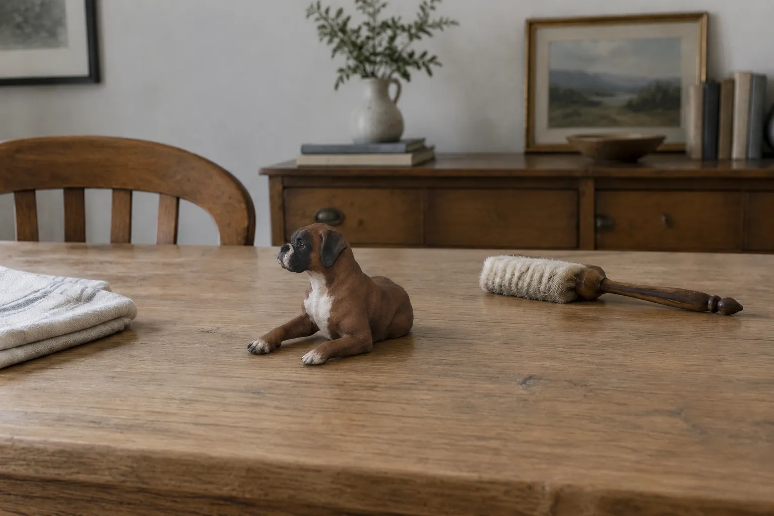 Fawn Boxer figurine sitting upright on an oak dining table beside a goat-hair brush and folded cotton cloth
