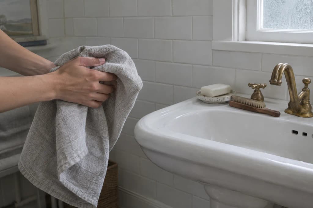 Hands drying on a linen towel beside a white porcelain sink, a soft goat-hair brush resting on the sink ledge