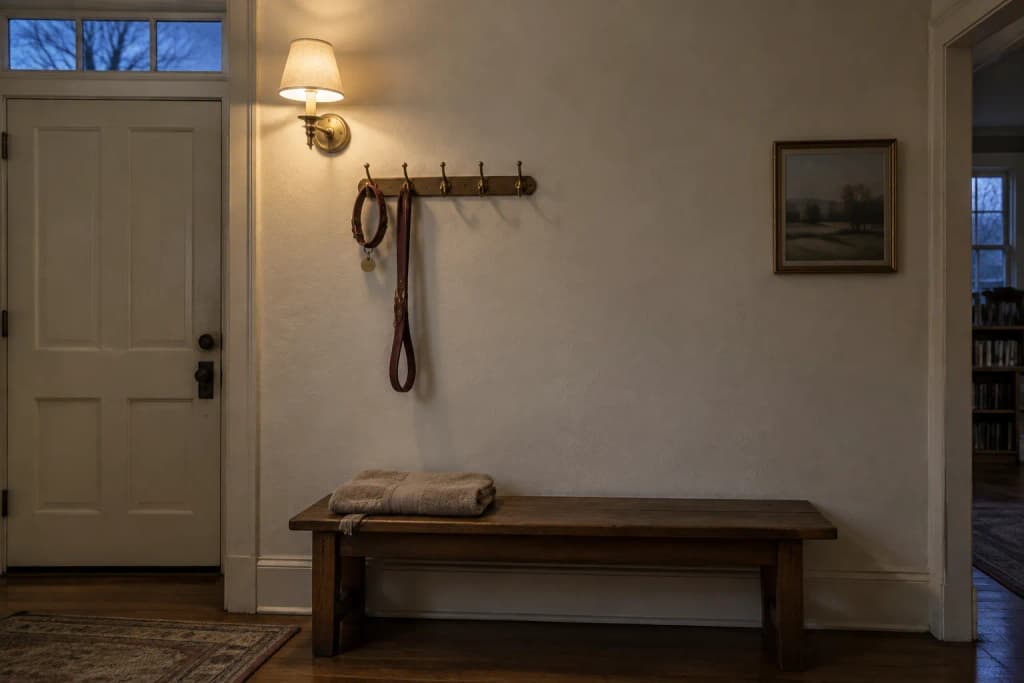 Worn oxblood leather collar and lead hanging from a brass hook on a plaster wall above a small walnut bench