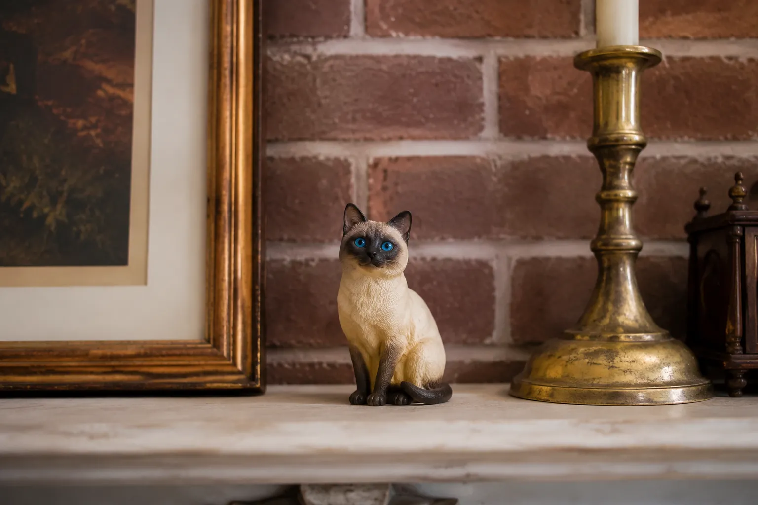 Siamese cat figurine sitting upright with blue eyes and point coloring