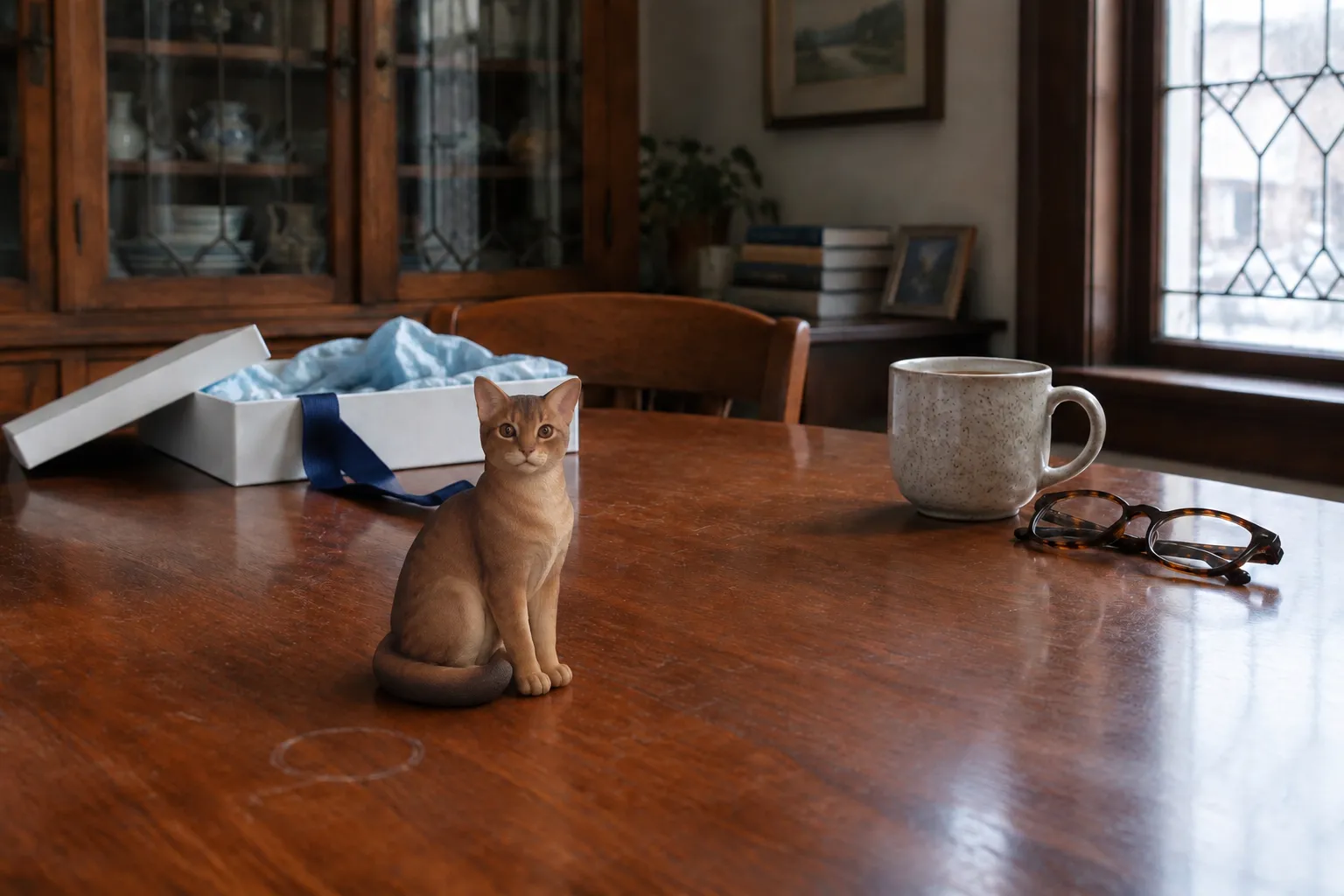 Ruddy Abyssinian cat figurine on a cherry dining table beside an opened gift box with blue tissue and a cup of tea
