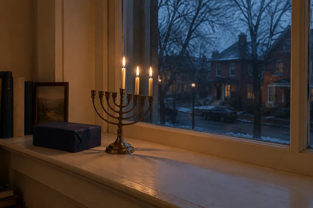 A brass menorah with four lit candles on a painted windowsill at dusk beside a small gift wrapped in navy paper