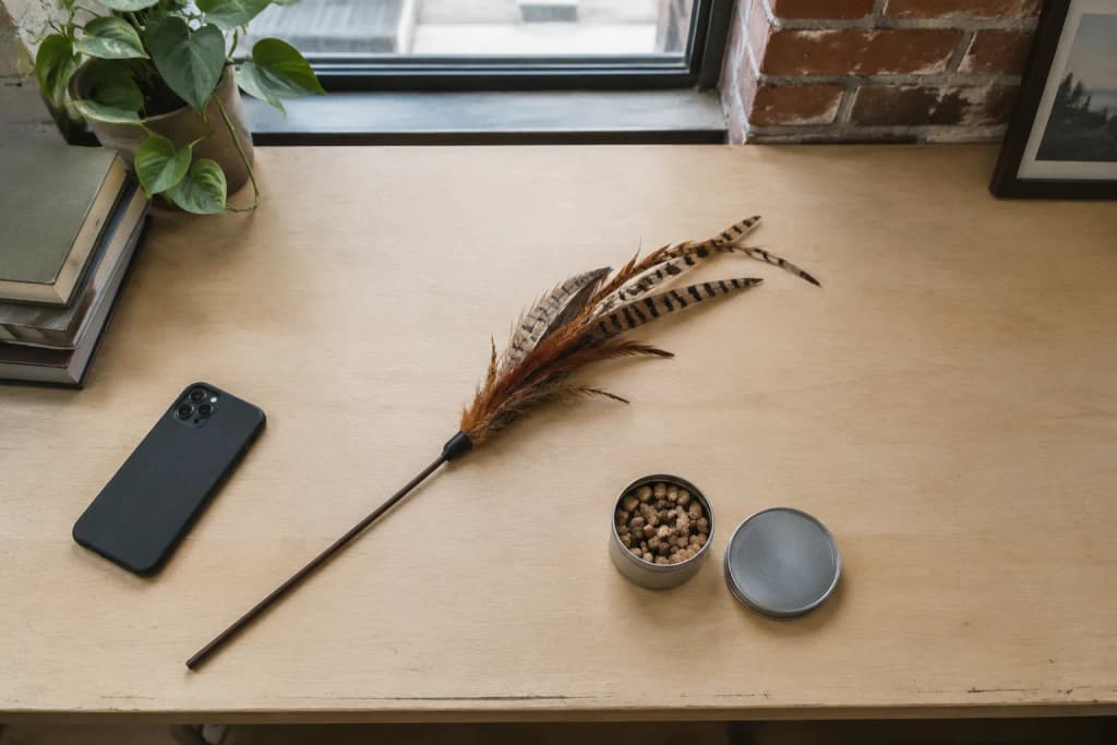 A face-down phone, a pheasant-feather wand toy and a plain round treat tin on a maple office desk by a window