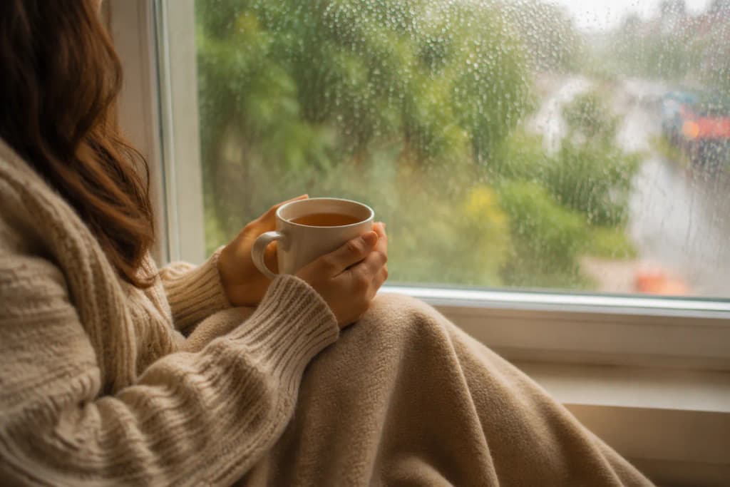 A mother's hands holding a warm mug of tea beside a rainy window with a soft blanket in quiet reflection