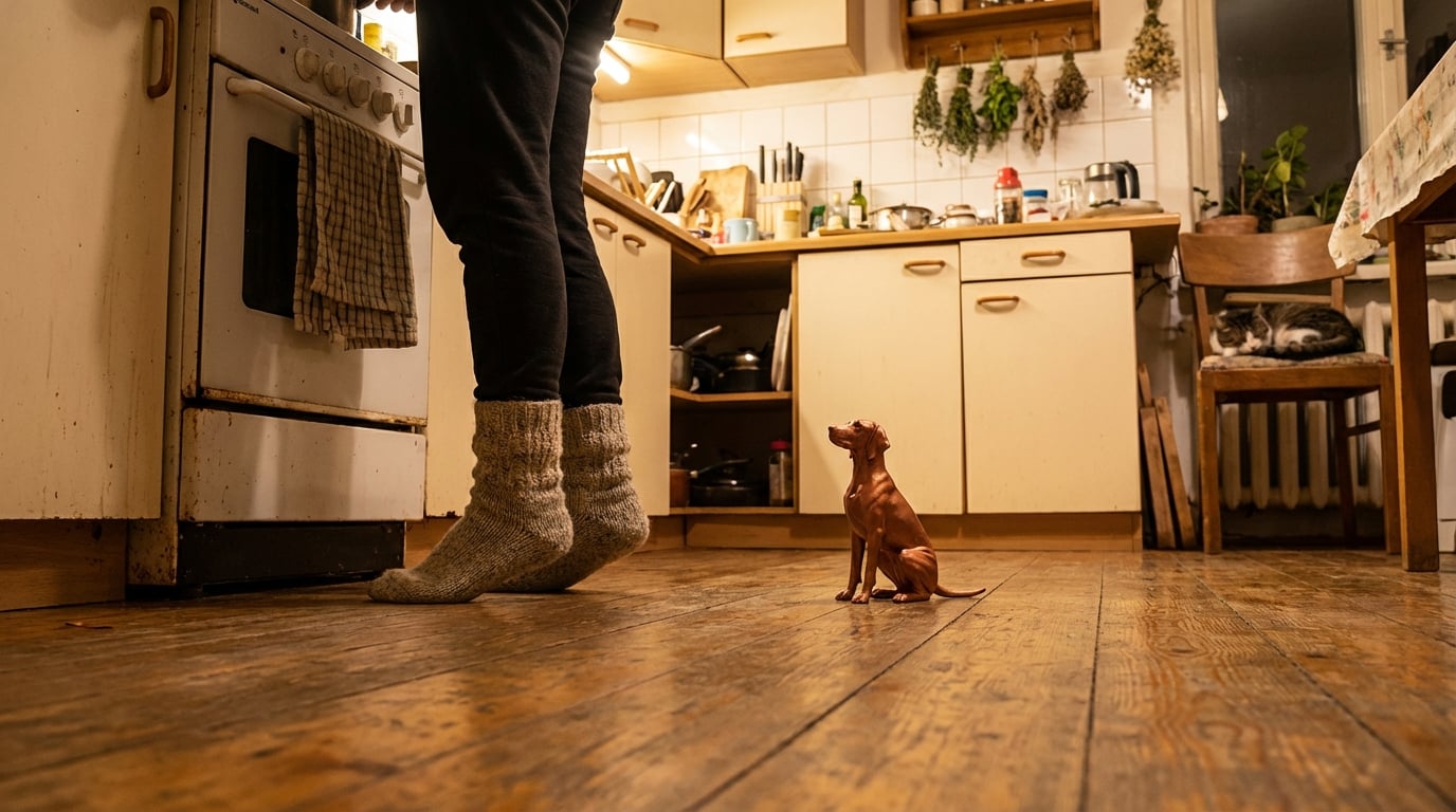 A small Vizsla figurine standing next to human feet in a kitchen.