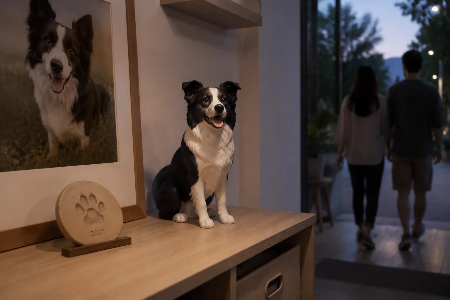 Border Collie resin figurine and a clay paw print on a hallway shelf in soft dusk light