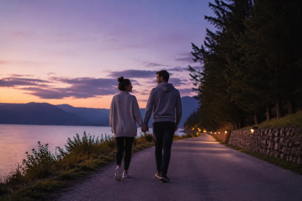 A couple walking hand in hand on a quiet path at dusk under soft purple-blue evening light