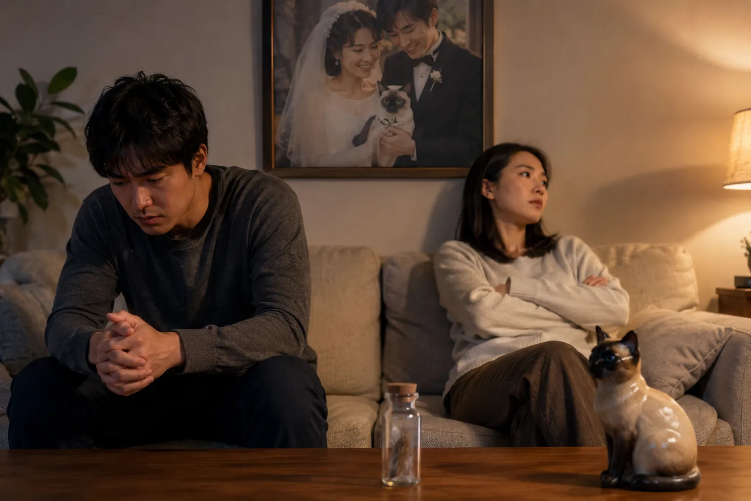 Couple on couch in different grief postures with Siamese cat fur clipping vial and full-color 3D printed resin figurine on coffee table