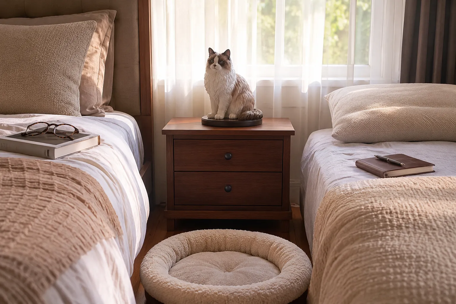 Full-color 3D printed resin Ragdoll figurine on a nightstand between two sides of a bed with personal items showing different grieving styles