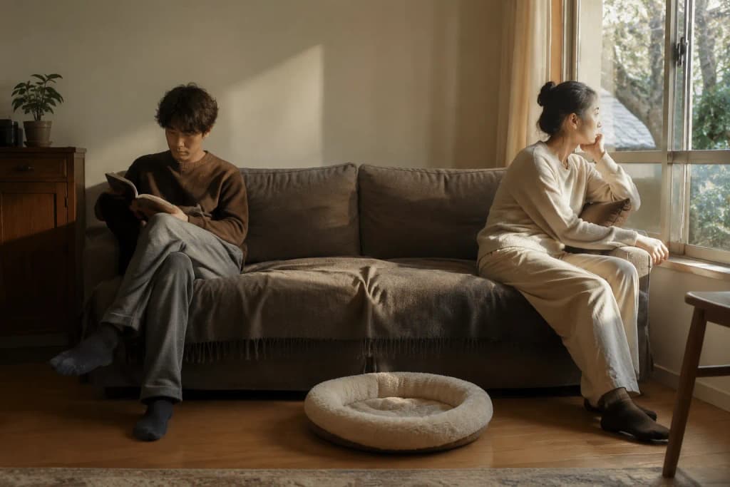 Couple sitting on opposite ends of a couch with an empty cat bed between them in quiet contemplative natural light