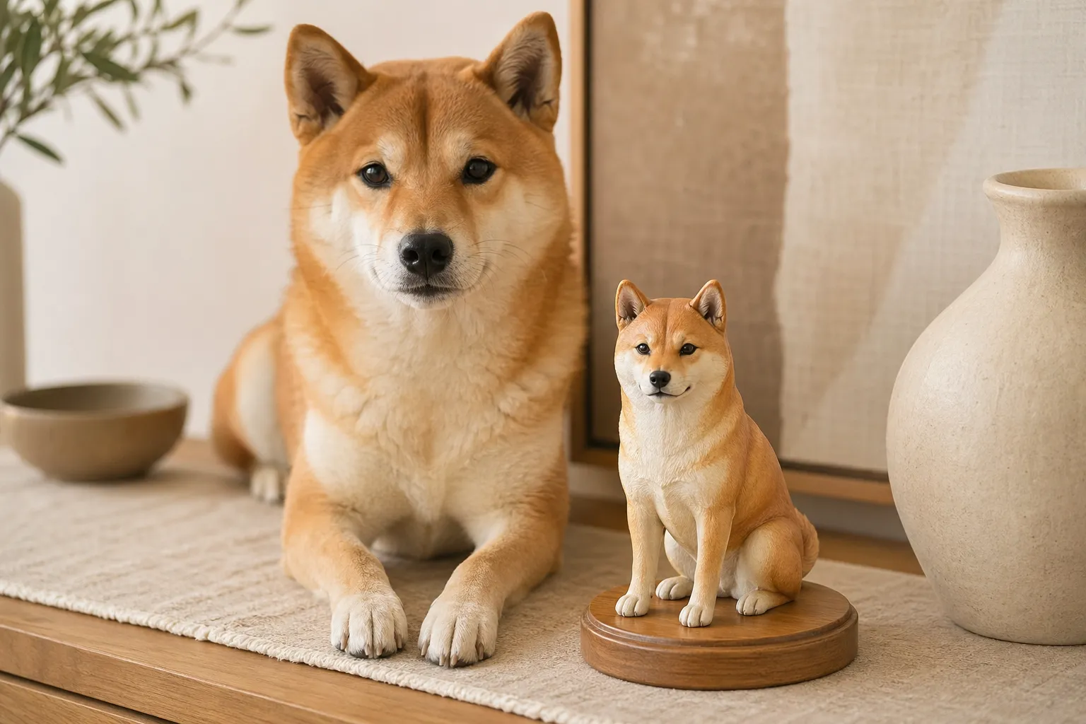 Shiba Inu with a detailed resin figurine in front of a softly blurred canvas artwork