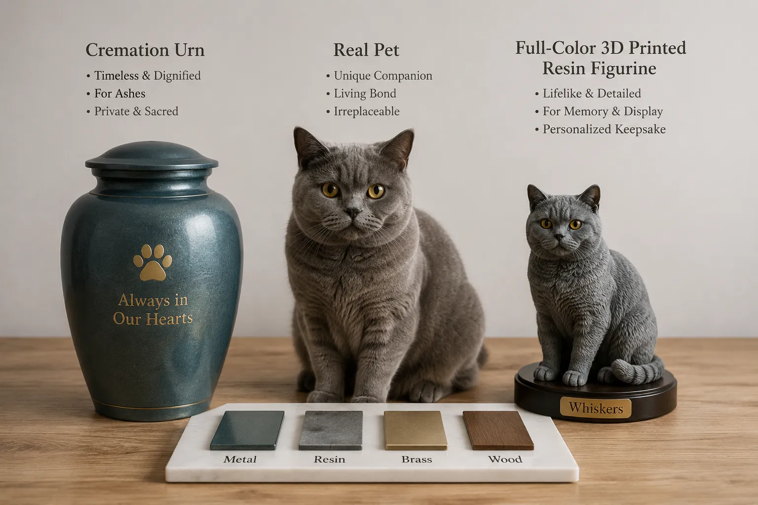 A cremation urn beside a British Shorthair resin figurine with material swatches and the real cat between them
