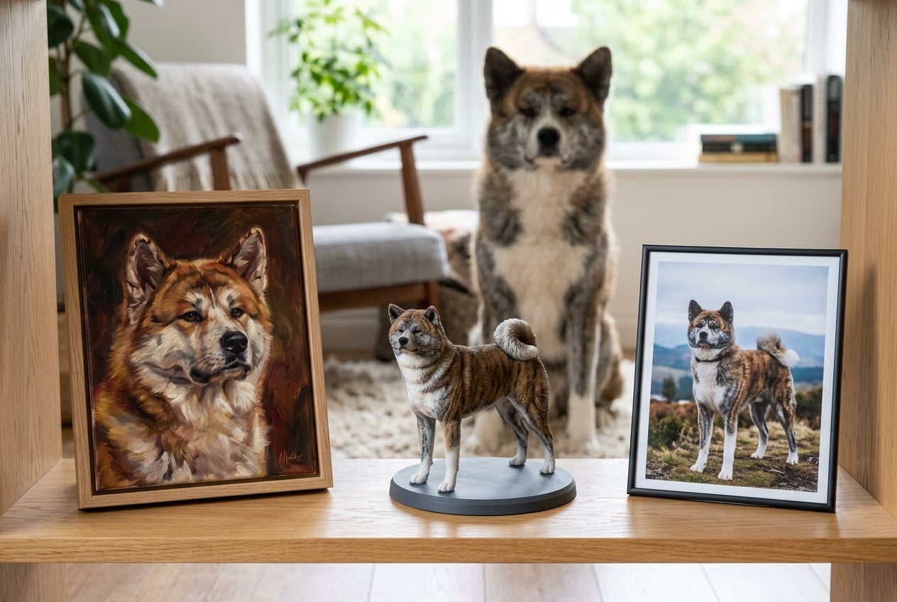 Full-color 3D printed resin figurine of an Akita displayed between a framed portrait and photo print with real Akita behind