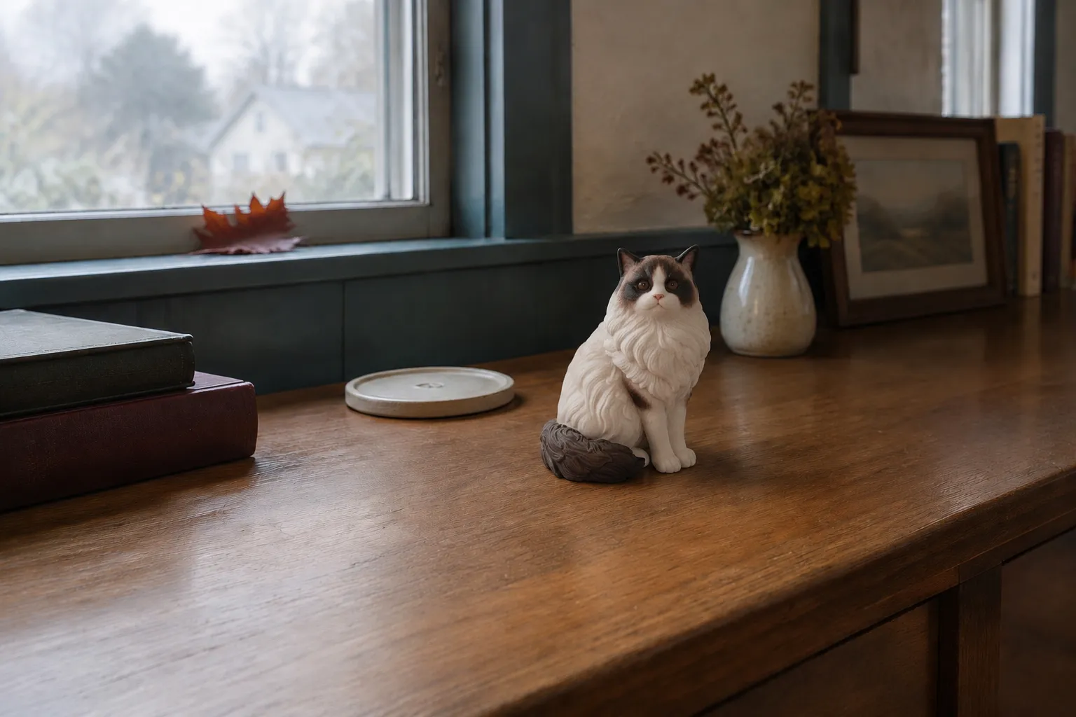 Ragdoll cat figurine lying on a fir sideboard beside a face-down ceramic disc ornament and an open kraft box