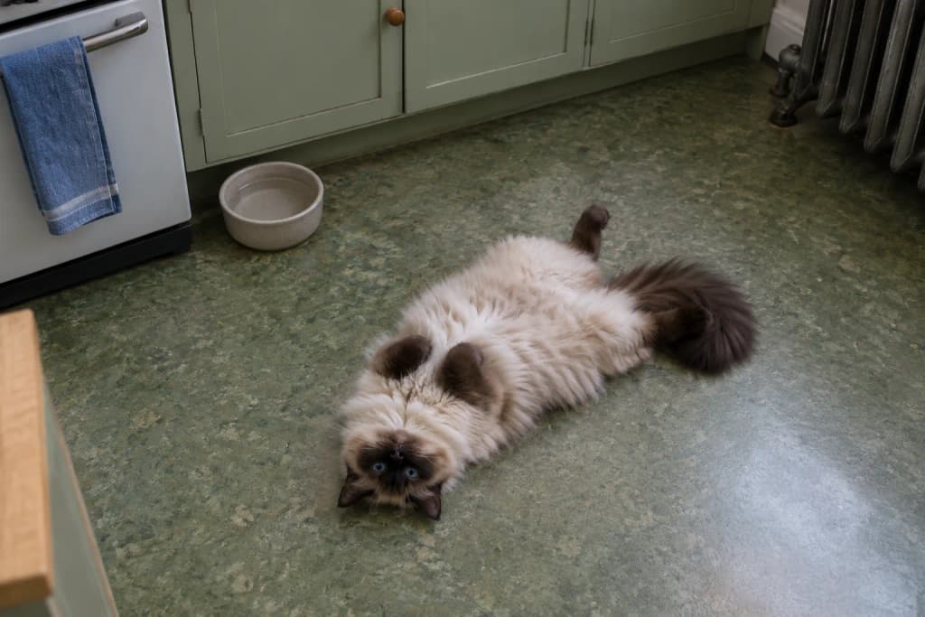 Seal point Ragdoll cat lying belly up on a green linoleum kitchen floor, paws curled, under soft skylight