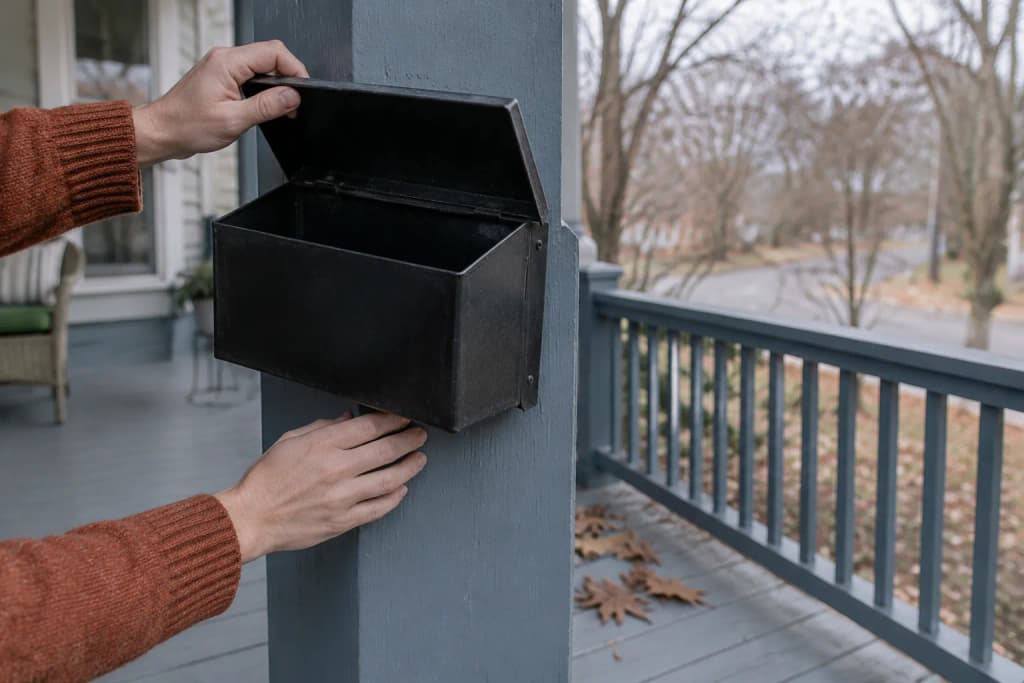Two hands opening an empty black metal mailbox on a porch post, oak leaves on the painted floorboards below