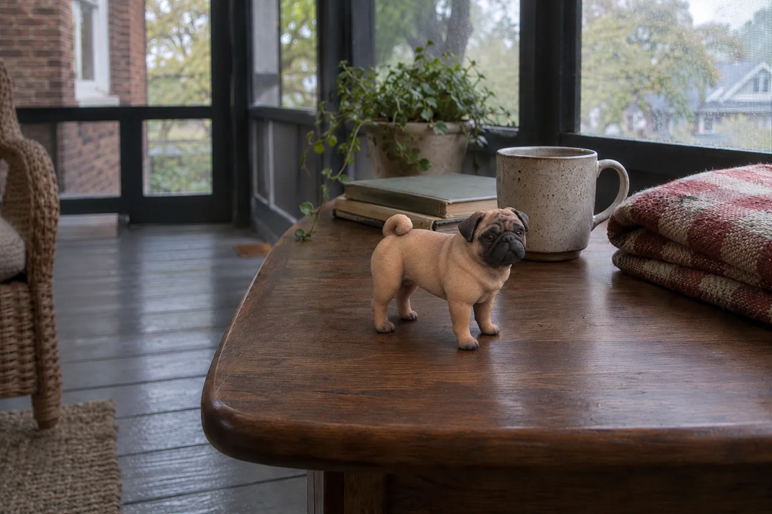 A fawn Pug figurine sits on a walnut side table on a screened porch beside a coffee mug and a folded check blanket