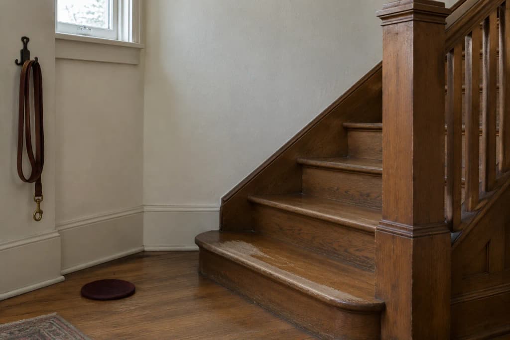The bottom stair of a fir staircase with a worn spot on the tread and a red leather leash hanging from the newel post