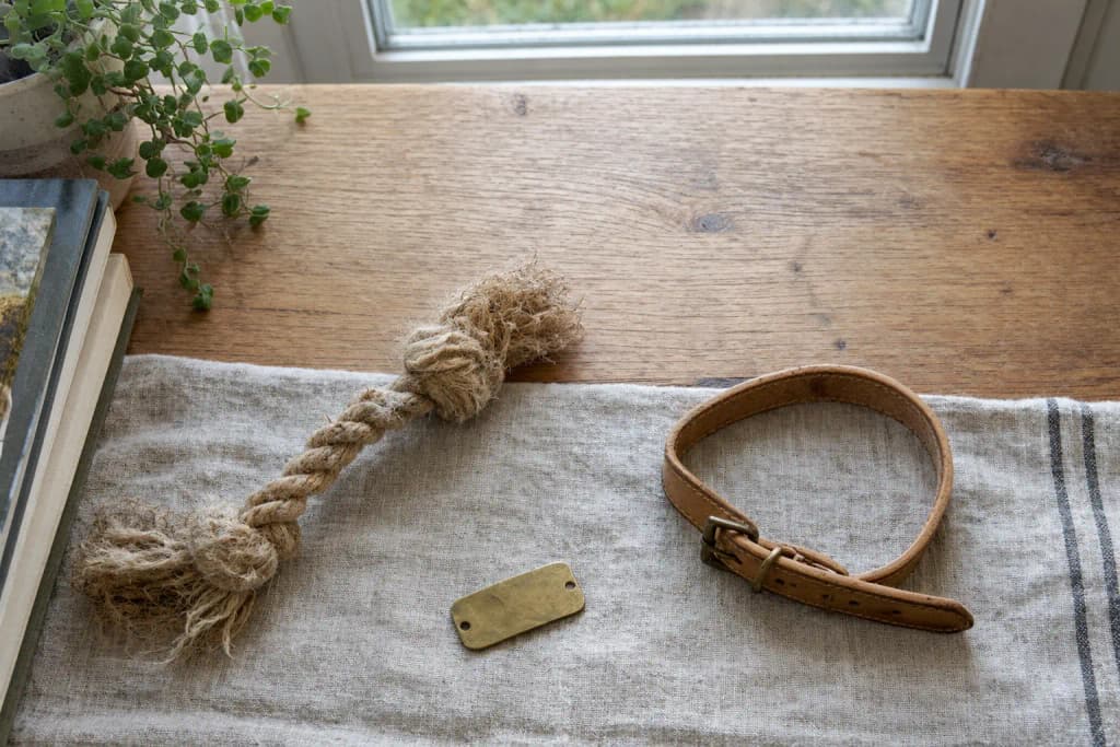 Seen from above, a frayed rope toy, a blank brass nameplate and a leather collar laid on a linen towel on an oak table