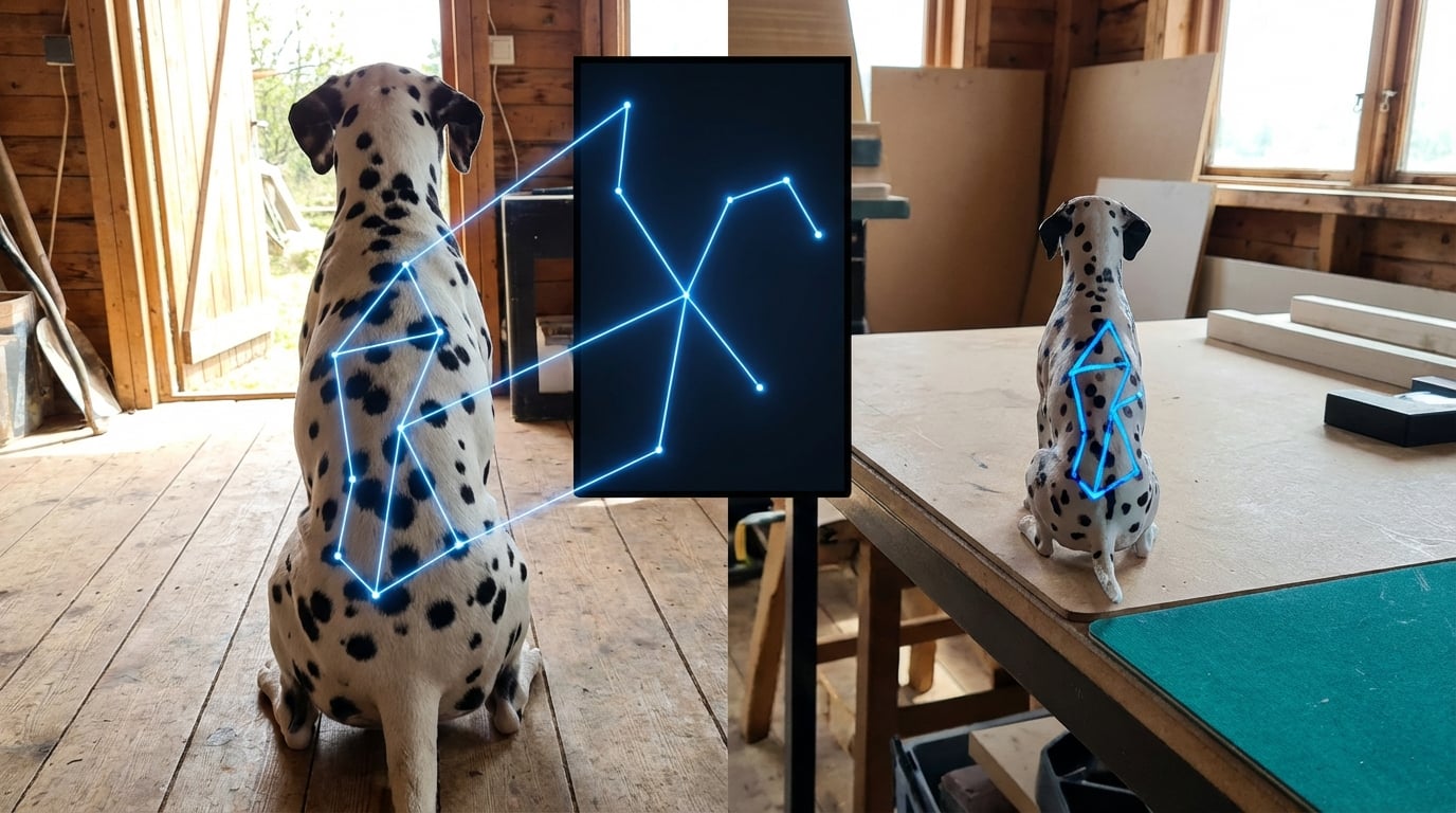 Dalmatian back photo with spot mapping next to figurine