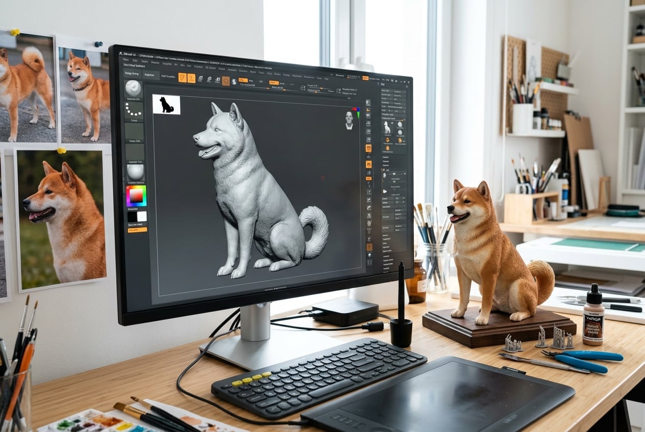 Digital sculpting screen showing 3D Shiba Inu model beside the finished full-color 3D printed resin figurine and reference photo