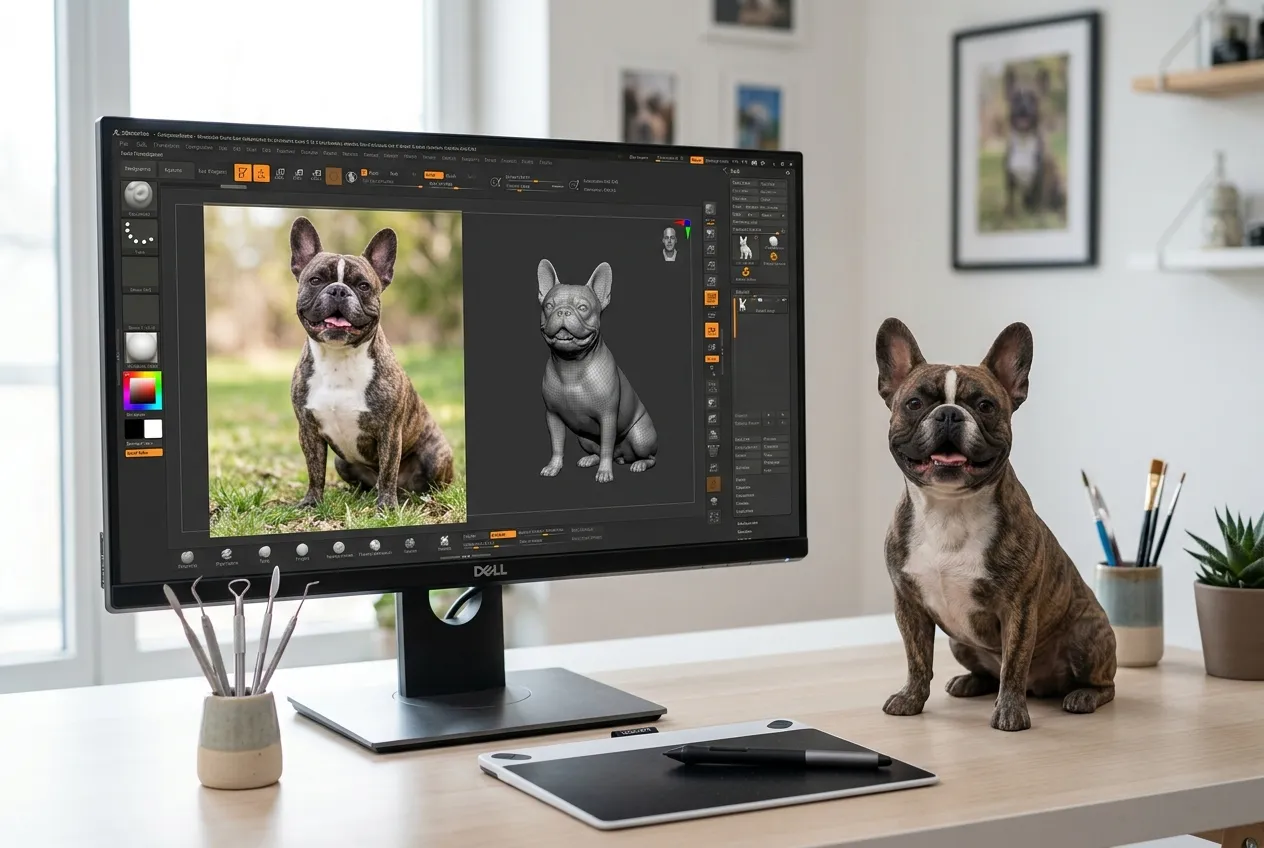 French Bulldog photo on a monitor beside its matching full-color 3D printed resin figurine on a sculptor's desk
