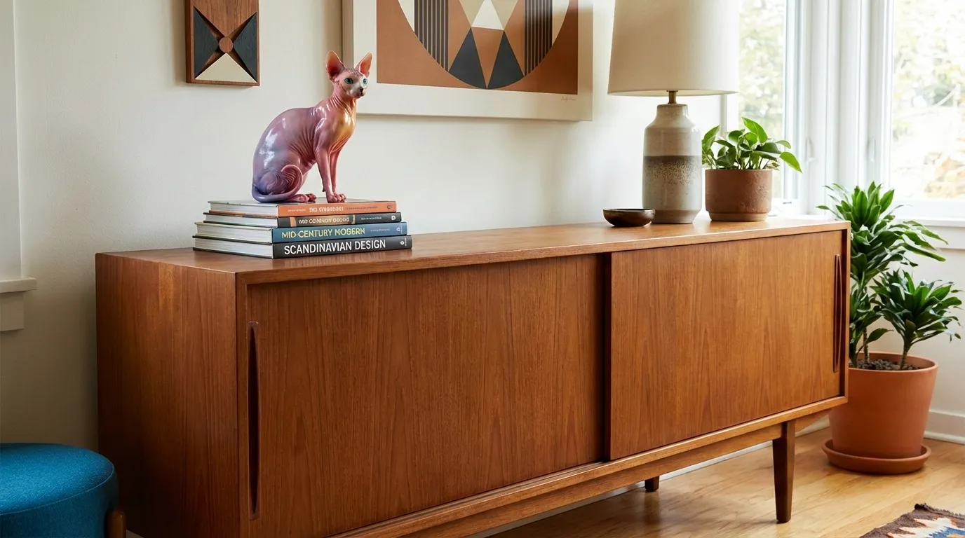 Sphynx cat figurine displayed on art books in modern room