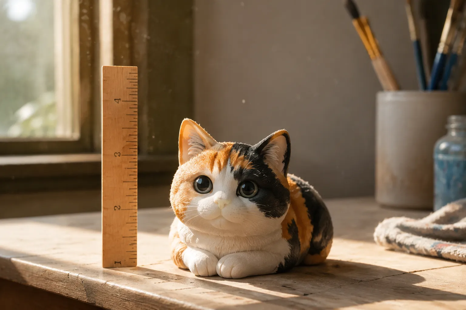 Calico cat figurine lying with distinctive patchwork facial coloring