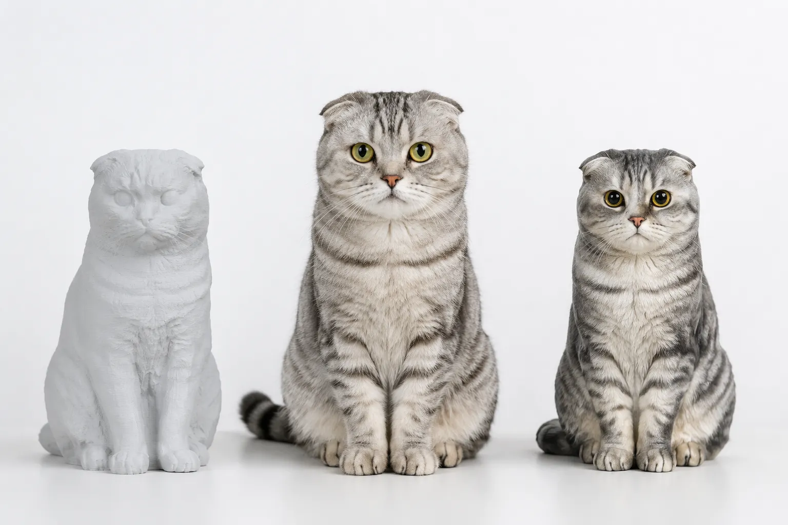 Split comparison showing a rough DIY 3D scan print and a detailed full-color PawSculpt resin figurine of a Scottish Fold cat with the real cat between them