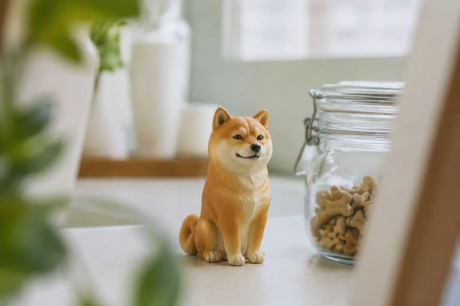 Shiba Inu figurine sitting alert with curled tail