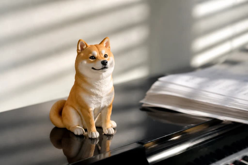 Shiba Inu figurine sitting alert with curled tail — in-article view