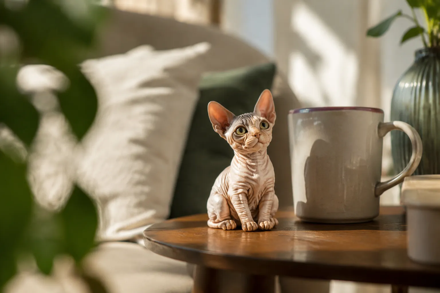 Sphynx cat figurine sitting alert with large ears