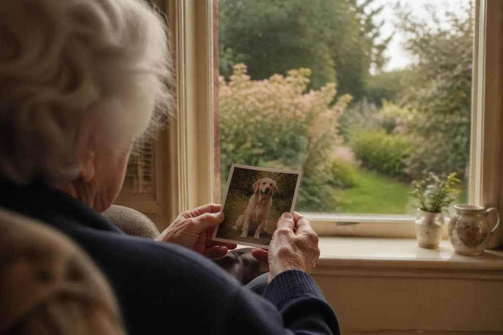 Elderly hands holding pet photo gazing at garden