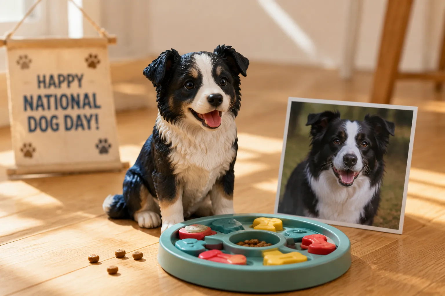 Resin Border Collie puppy figurine beside a puzzle feeder on a sunny floor with a National Dog Day theme