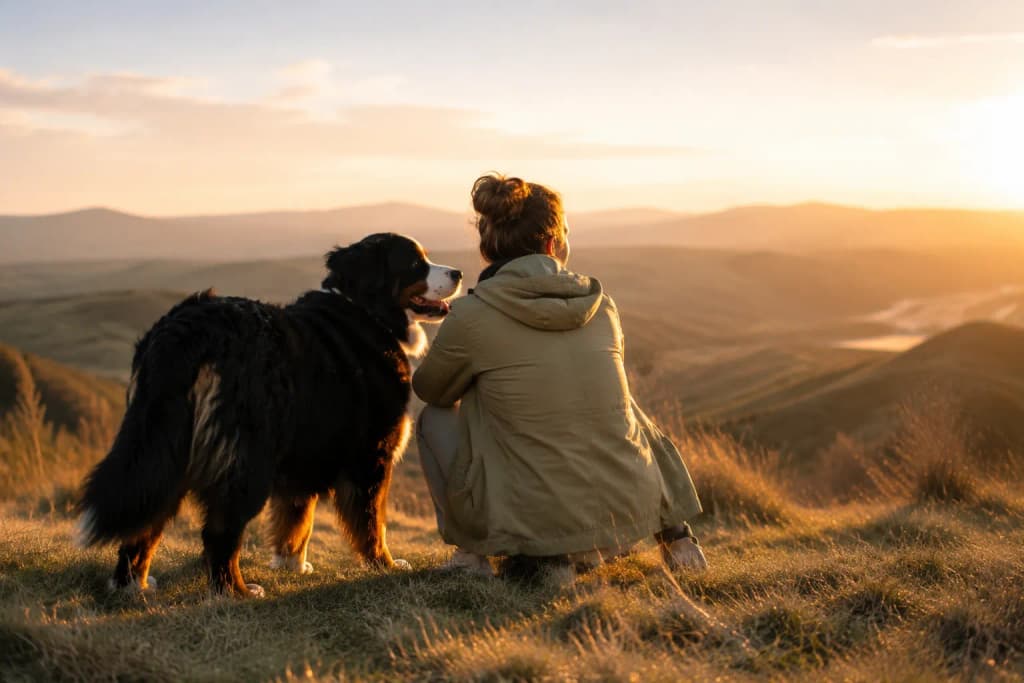 Bernese Mountain Dog and a crouching person looking toward the horizon in a sunlit field at golden hour