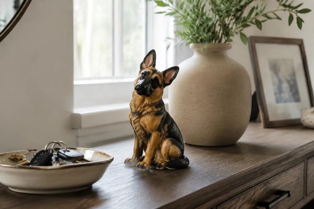 Full-color resin figurine of a seated German Shepherd with a slight head-tilt — in-article view