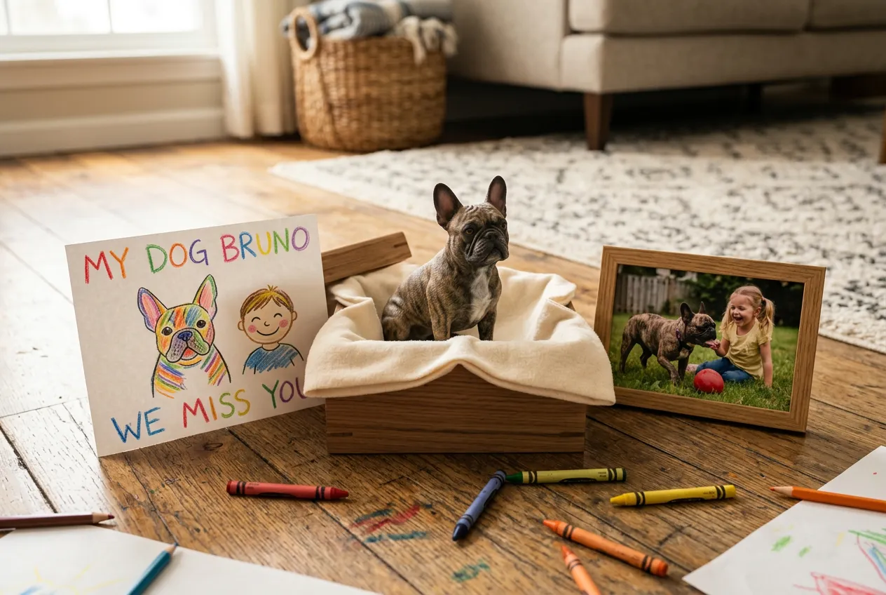 French Bulldog 3D figurine in memory box with child's drawing and photo of real dog playing