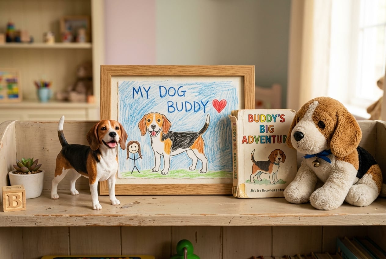 Full-color 3D printed resin figurine of a Beagle on a child's shelf beside a crayon drawing and storybook