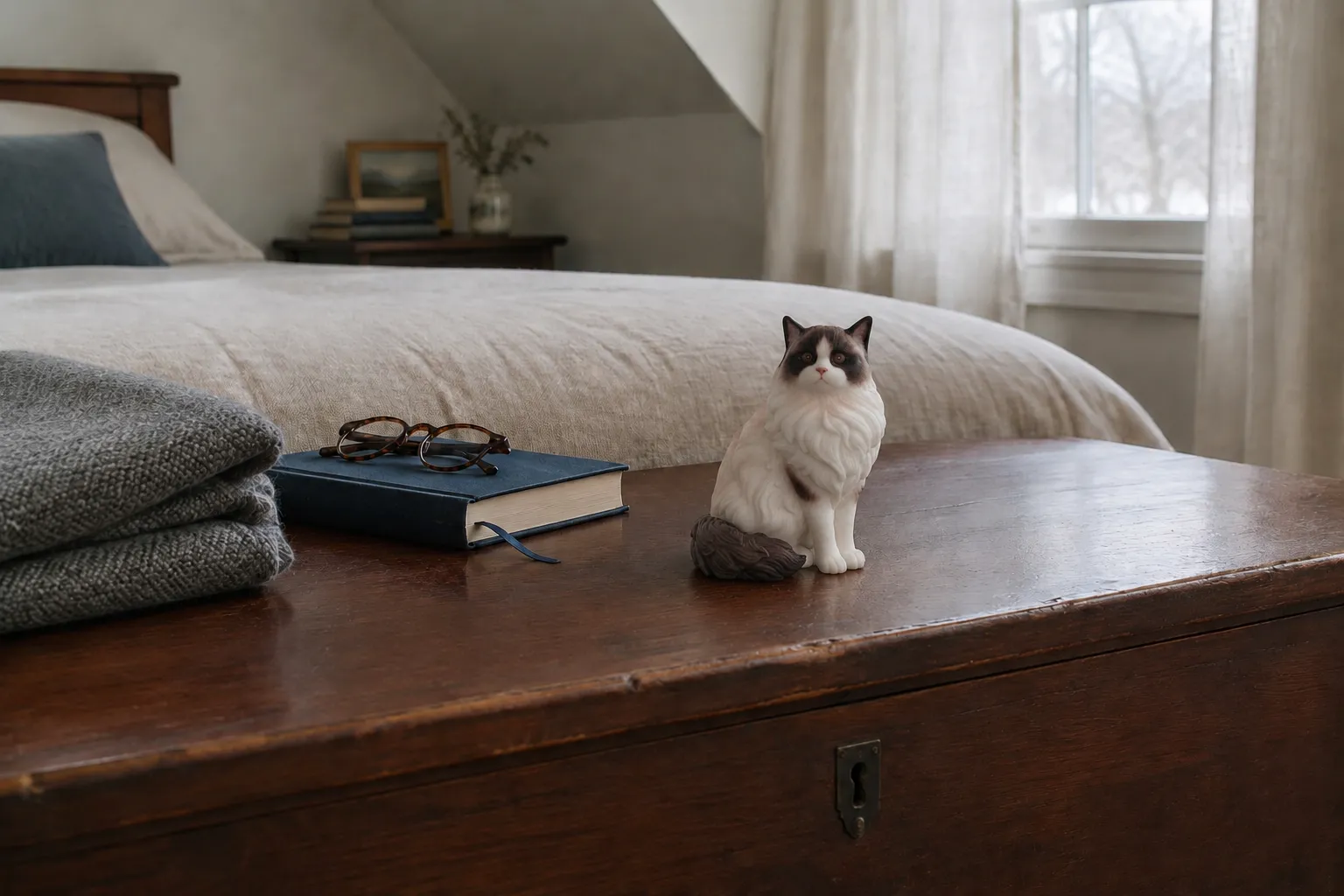 Ragdoll cat figurine curled asleep on a cherry blanket chest at the foot of a bed beside a folded grey wool blanket