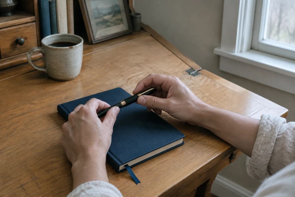 Hands capping a fountain pen beside a closed cloth journal on a maple desk in grey early-morning window light