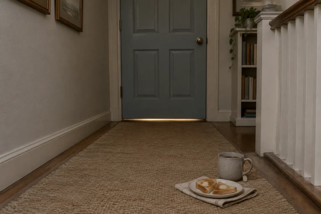 A mug of tea and a plate of toast left on the hallway runner outside a closed blue-grey bedroom door in the evening