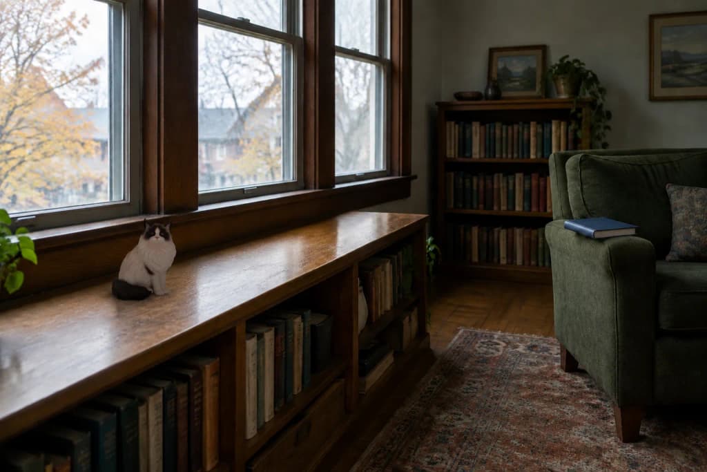 A living room with a Ragdoll cat figurine on a low oak bookcase under three windows and a maple turning outside