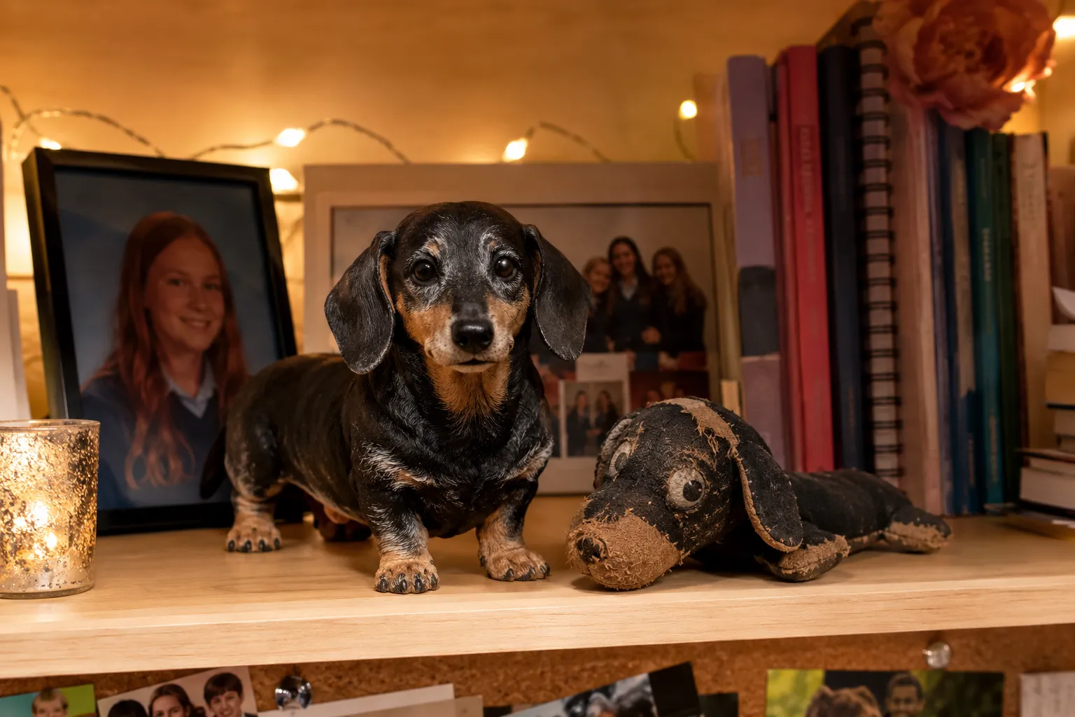 Full-color 3D printed resin senior Dachshund figurine with a tiny toy replica on a teen's bookshelf next to the real worn toy
