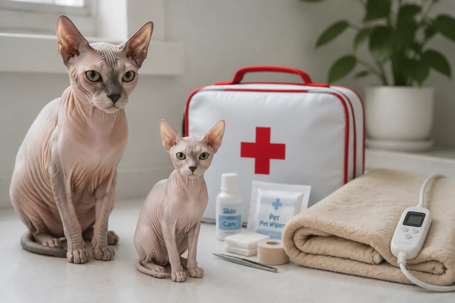 A resin Sphynx figurine beside a first-aid kit and warm blanket on a clean counter in calm reassuring light