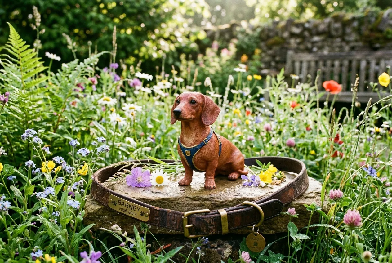 Full-color 3D printed resin figurine of a Dachshund on a garden stone surrounded by wildflowers with a worn leather collar