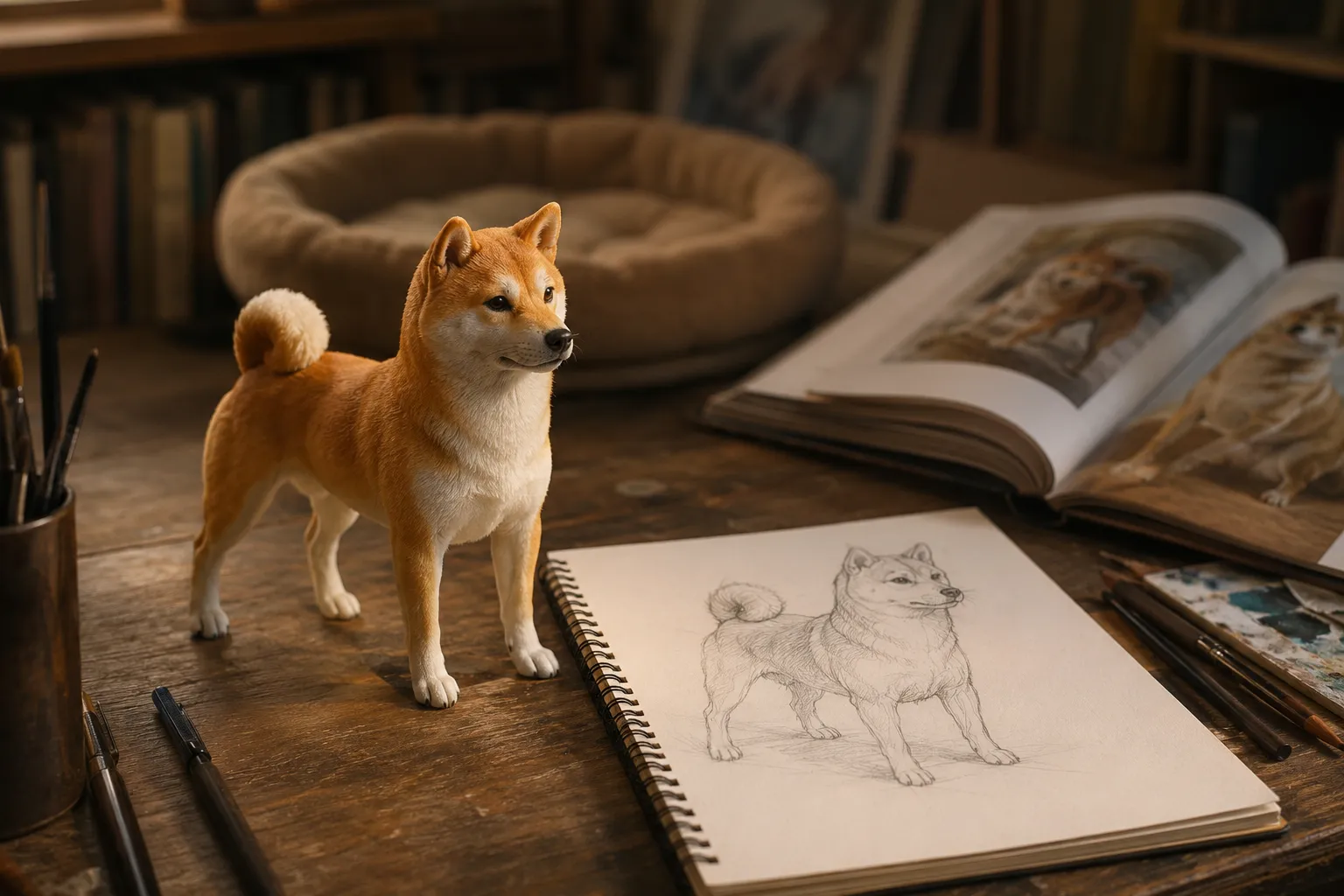 Full-color 3D printed resin Shiba Inu figurine on an artist's desk beside an unfinished sketch with the dog's empty bed in soft focus